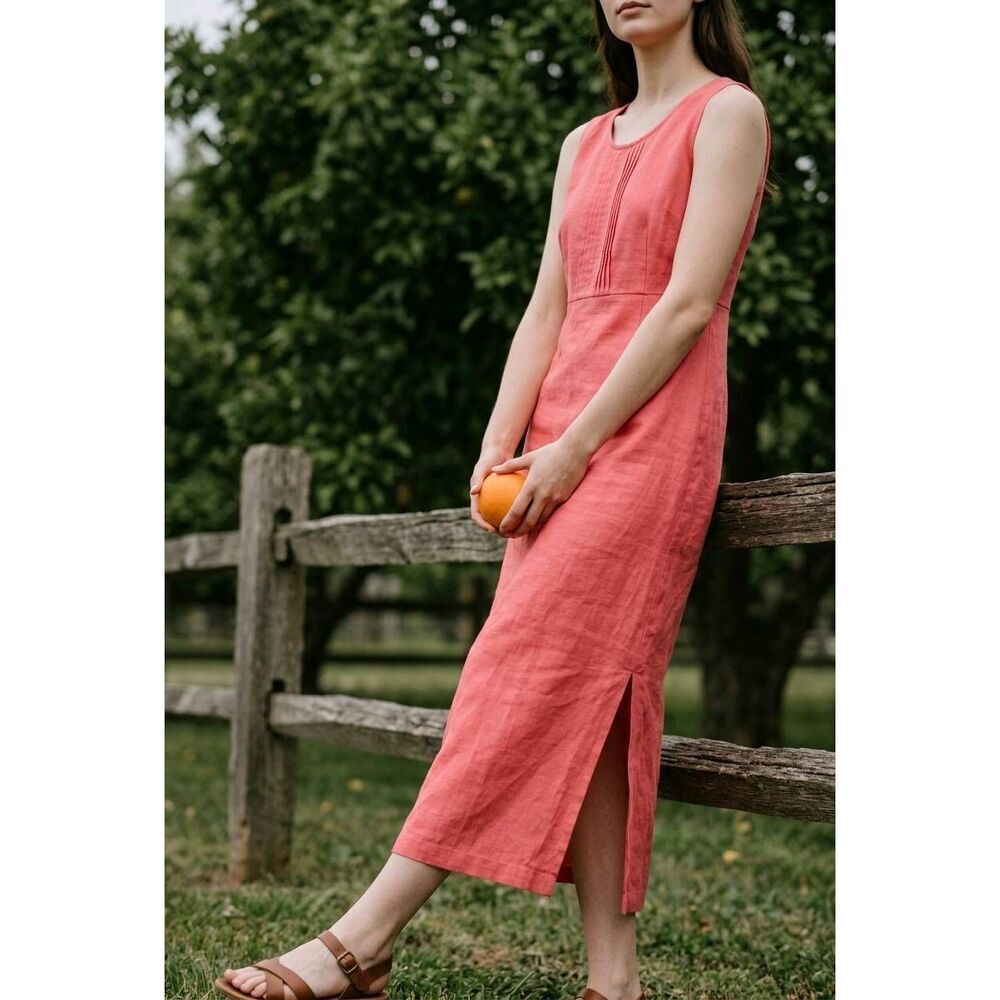 🍑Vintage Karin Stevens Coral Jacquard Floral Sleeveless Dress Petite 6